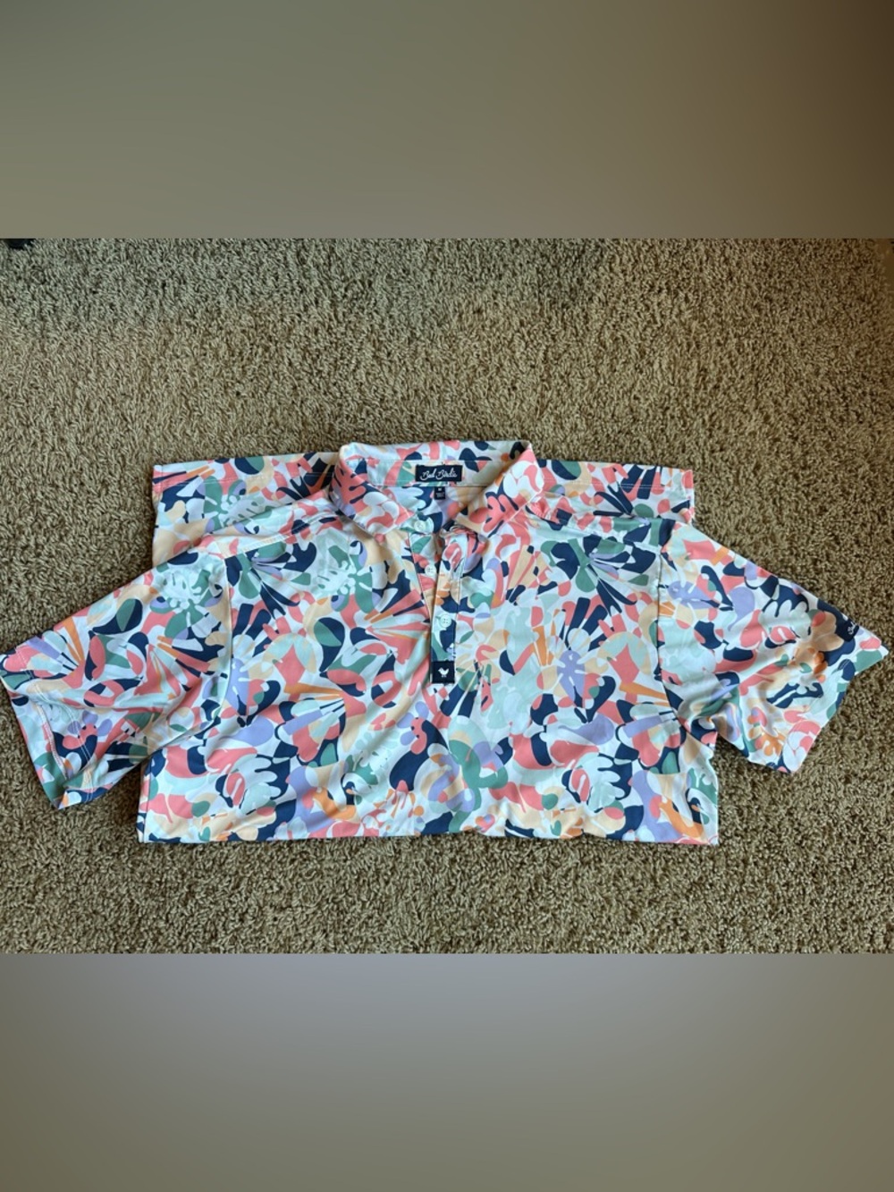 Bad Birdie size M golf Multicolor Abstract Polo Shirt melon, navy, sage, lavend.